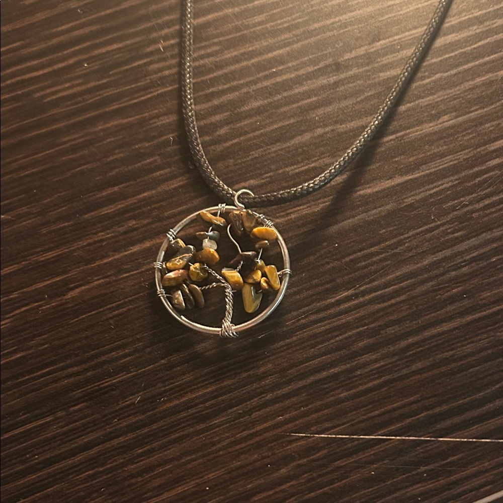 Silver and Tiger Eye Wire-Wrapped Tree Pendant Necklace